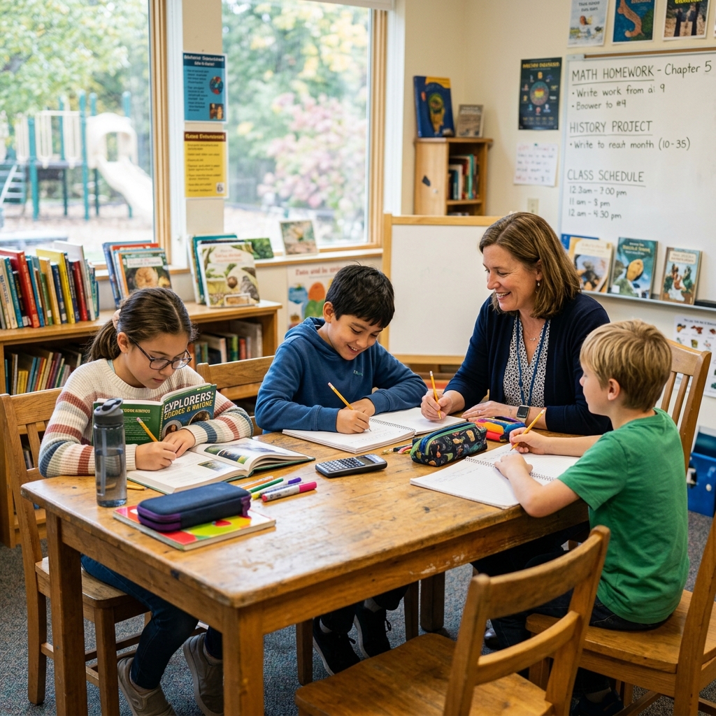 Children studying and playing